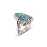 Lee Epperson Turquoise and Silver Ring with Coral Accents