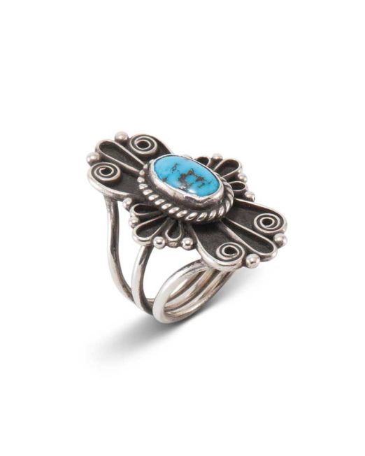 James Little Persian Turquoise and Intricate Silverwork Ring