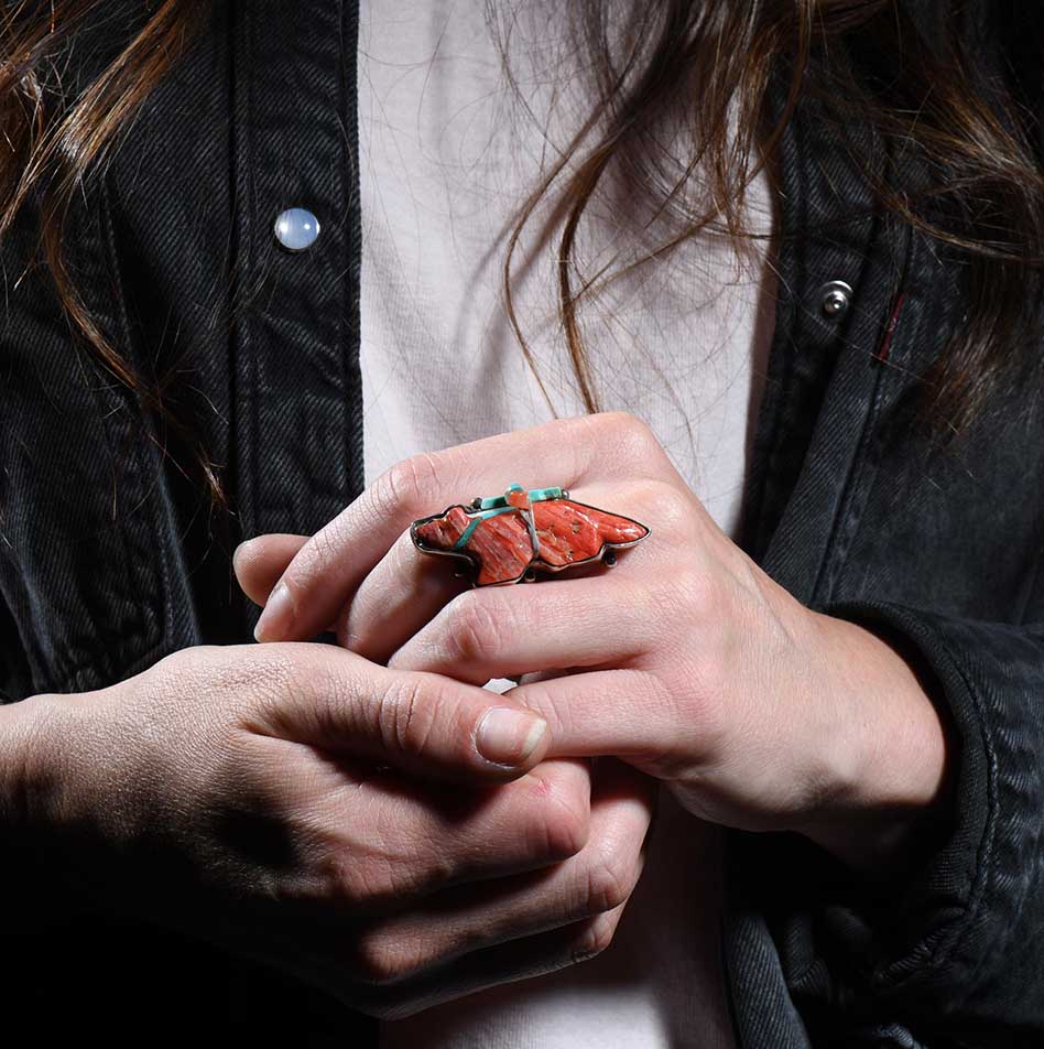 Mike Bird-Romero Spiny Oyster Shell Fetish Ring with Turquoise Bundle