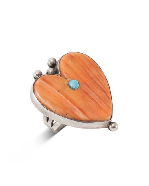 Mike Bird-Romero Spiny Oyster Shell Heart Ring with Turquoise Inlay