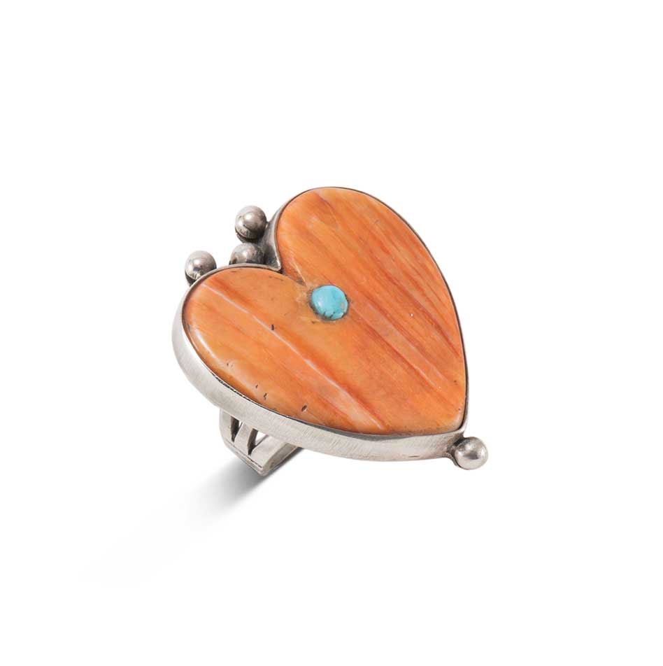 Mike Bird-Romero Spiny Oyster Shell Heart Ring with Turquoise Inlay