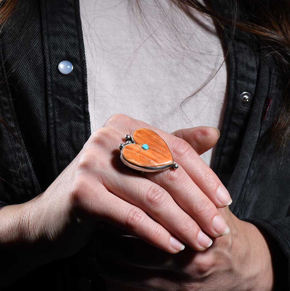 Mike Bird-Romero Spiny Oyster Shell Heart Ring with Turquoise Inlay
