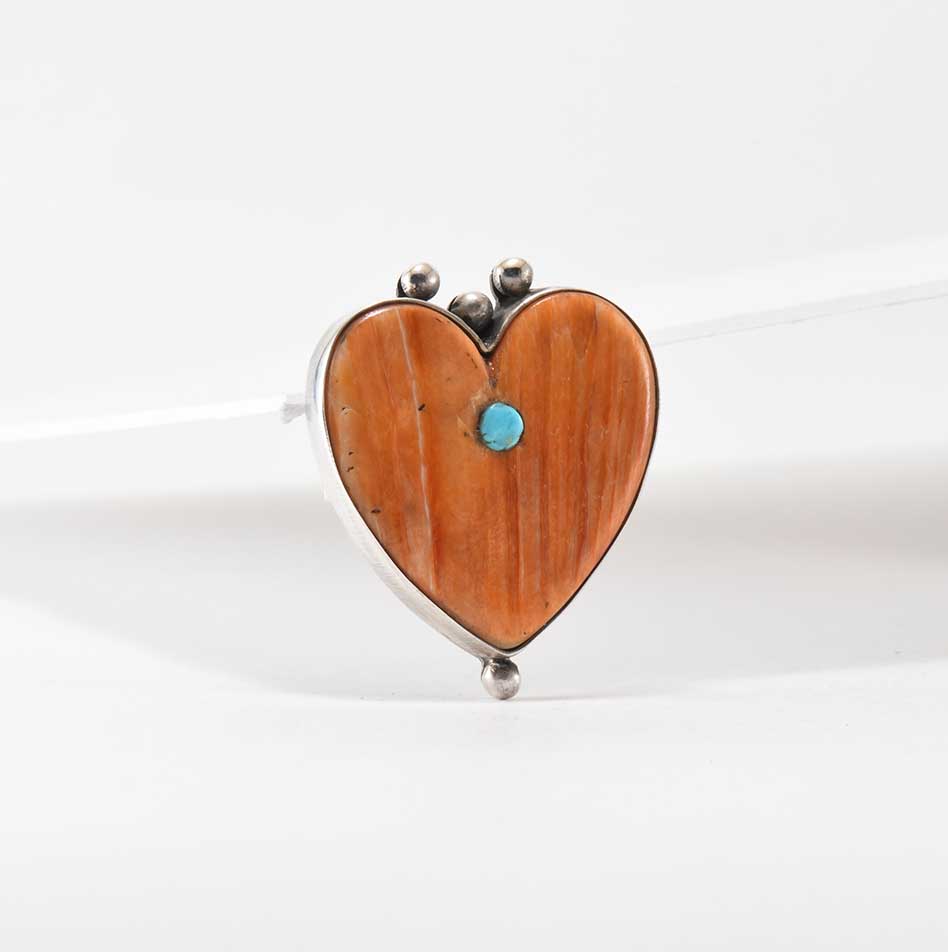 Mike Bird-Romero Spiny Oyster Shell Heart Ring with Turquoise Inlay