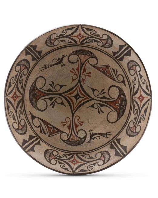 Zuni Polychrome Dough Bowl with Elaborate Geometric Design and Heartline Deer on the Exterior Circa 1910
