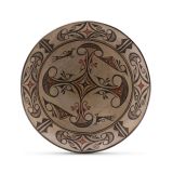 Zuni Polychrome Dough Bowl with Elaborate Geometric Design and Heartline Deer on the Exterior Circa 1910