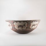 Zuni Polychrome Dough Bowl with Elaborate Geometric Design and Heartline Deer on the Exterior Circa 1910