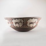 Zuni Polychrome Dough Bowl with Elaborate Geometric Design and Heartline Deer on the Exterior Circa 1910