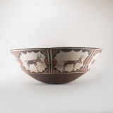 Zuni Polychrome Dough Bowl with Elaborate Geometric Design and Heartline Deer on the Exterior Circa 1910