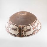 Zuni Polychrome Dough Bowl with Elaborate Geometric Design and Heartline Deer on the Exterior Circa 1910