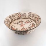 Zuni Polychrome Dough Bowl with Elaborate Geometric Design and Heartline Deer on the Exterior Circa 1910